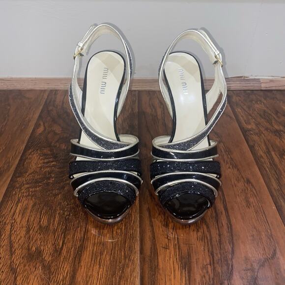 MIU MIU Designer EU 36 US 6 Black Silver Sparkle Slingback Heels Holiday Festive - Picture 2 of 9